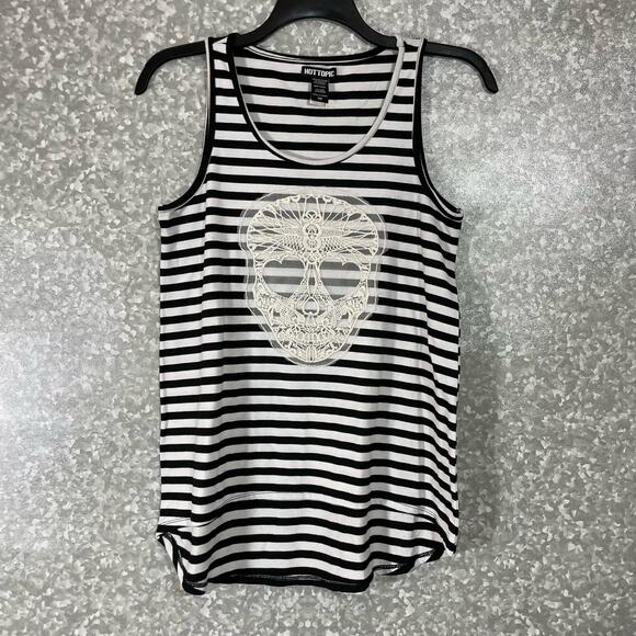 Hot Topic Black & White Striped Lace Sugar Skull Tank Top - Size Small - Hi-Low - Picture 2 of 7